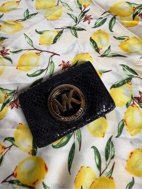 Michael Kors Black Patent Card Holder with Gold MK Emblem